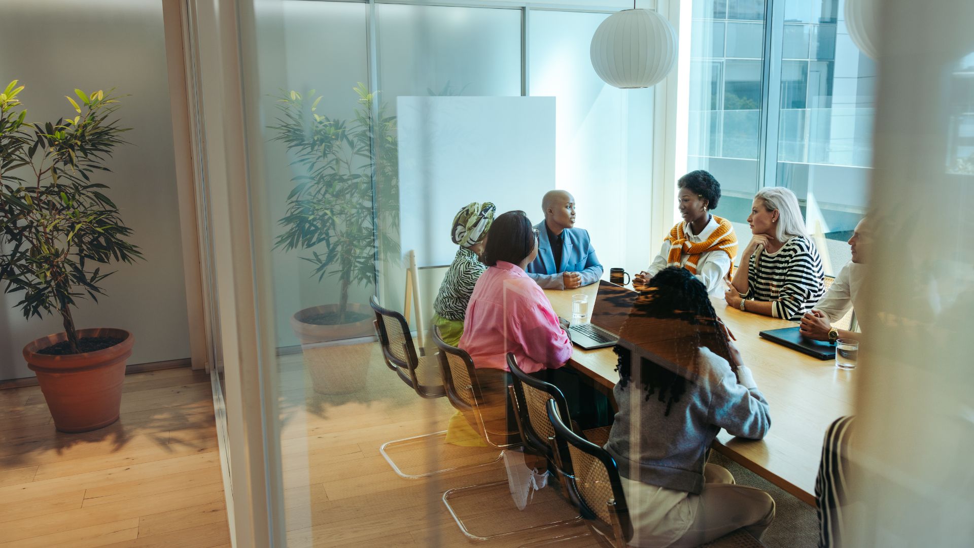 A diverse team in a bright meeting room